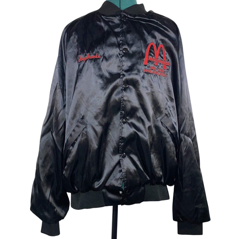 Vintage McDonald’s Employee Bomber Jacket Black Satin Uniform Style Sz 2XL